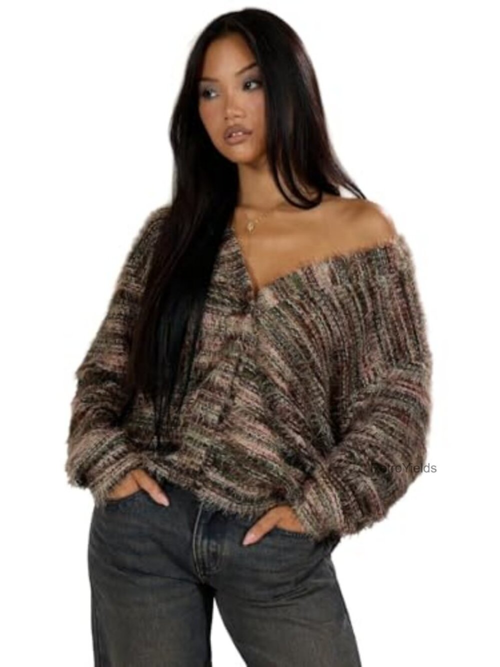 Fuzzy Button Down Cardigan Striped Long Sleeve V Neck Sweater Outfit